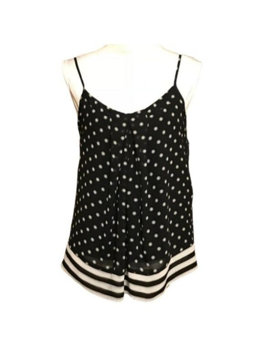 New York & Co Polka Dot & Striped Spaghetti Strap Top Black/Light Ivory Size M